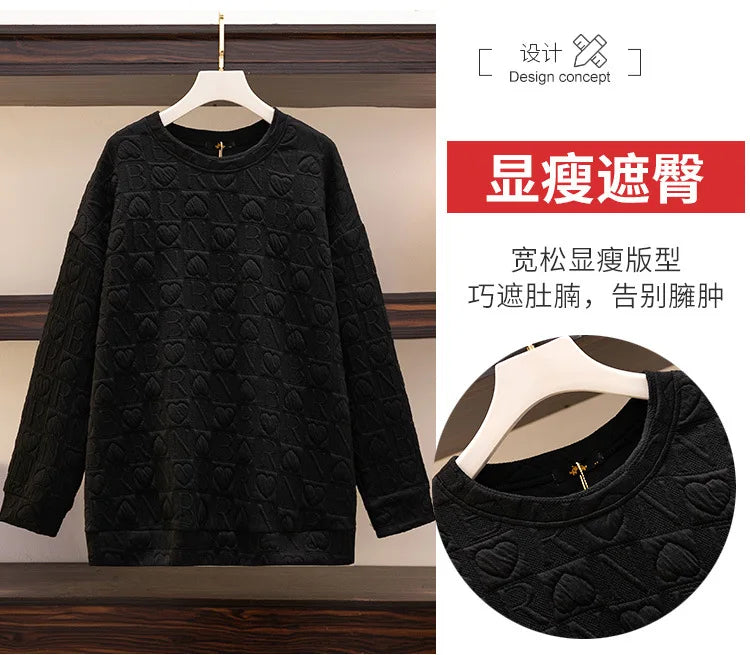 150Kg Plus Größe frauen Fehlschlag 157 Frühling Herbst Neue Liebe Drucken Lose Schlanke Sweatshirt Schwarz Grau Haut 6XL 7XL 8XL 9XL 10XL