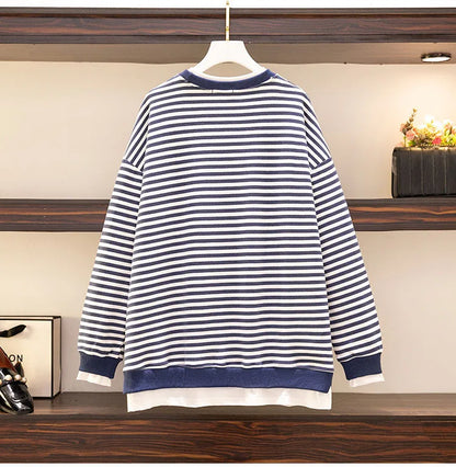 150Kg Plus Größe frauen Fehlschlag 157 Frühling Herbst Neue Lose Gefälschte Zwei-Stück Lange Ärmeln Gestreiften sweatshirt 5XL 6XL 7XL 8XL 9XL
