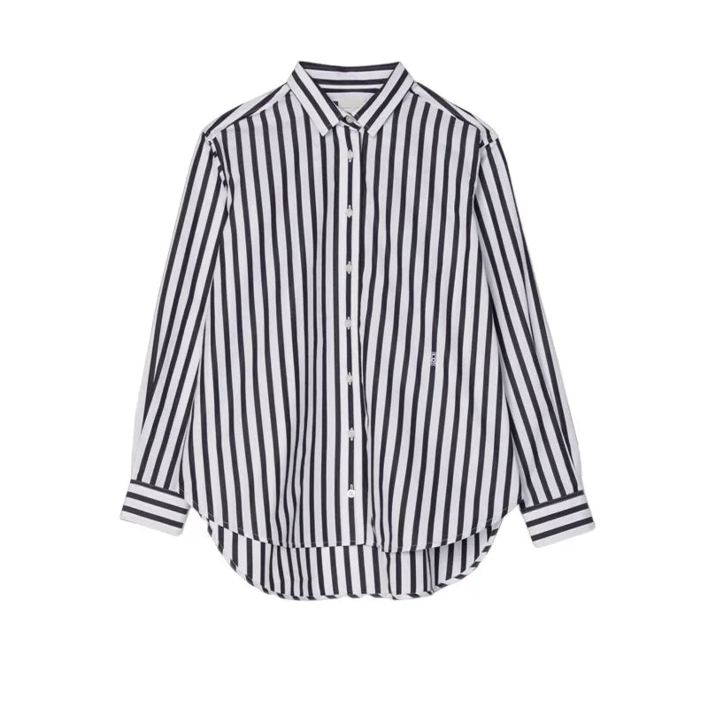 LUXURY Women's Vertical Striped Shirt, Short Front and Back, Short, Vertical Striped Shirt, Loose Long Sleeve, Commuter Style