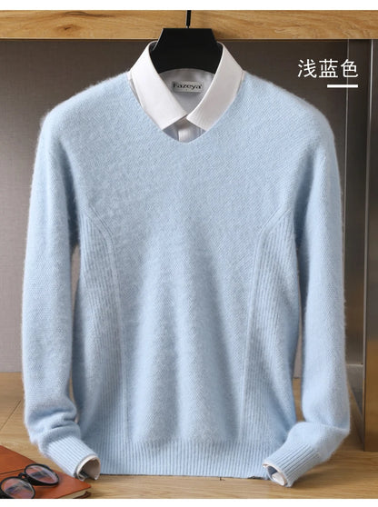 Men's 100% Pure Mink Cashmere Sweater V-Neck Pullovers Knit Large Size Mink Sweater Winter New Tops Long Sleeve High-End Jumpers.