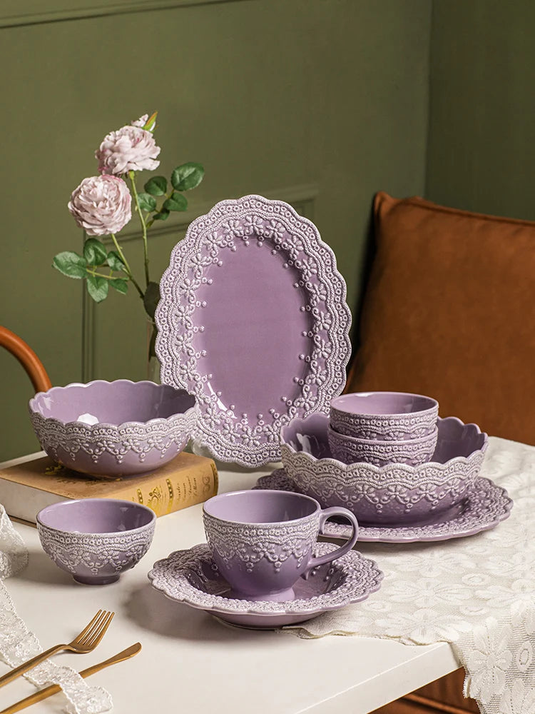 Solid Color Ceramic Tableware Lace Embossed Ceramic Tableware Bowl Plate Cup Rustic Irregular Dinner Plate  Dinner Plates.