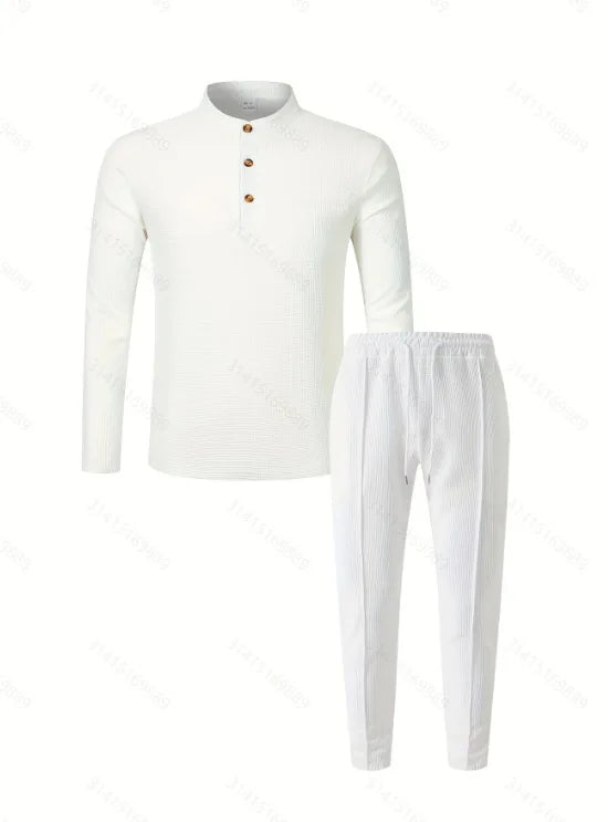 Men's Waffle Check Stand-Up Collar Semi-Casual Business Suit Two-Piece Set Button-Down Top with Comfortable Trousers.