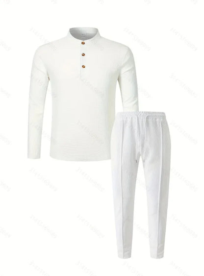 Men's Waffle Check Stand-Up Collar Semi-Casual Business Suit Two-Piece Set Button-Down Top with Comfortable Trousers.