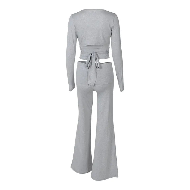 Spring New Women's T-shirt Pants 2 Piece Set Streetwear Fashion Long Sleeves Lace-up Tees Casual Trousers Elegant Slim Clothing.