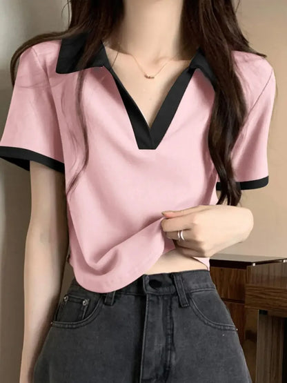 Slim Fit Short Sleeve V-Neck POLO Shirt T-Shirt Korean Design Summer Fashionable Top Half Sleeve Summer Wear Women's Fashion.