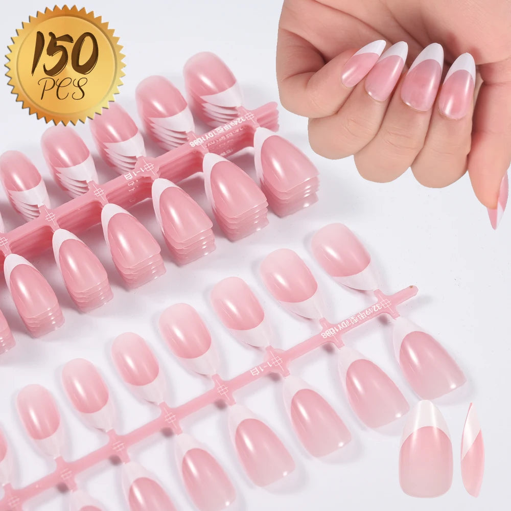 150Pcs Pre-made French False Nails Scarless Coffin Almond Fake Nail Artificial Fingernails Press on Nails for Nail Extension.