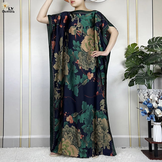2024 New Dubai Summer Fashion For Women Printed Silk Soft Loose Femme Robe African Islam Maxi Woman Casual Dresses With Turban.