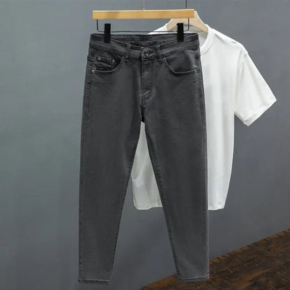 White Jeans Men's Slim Straight Ankle-length Soft Comfort Elastic Denim Trousers Fashion Korean Basic Casual Pencil Pants.