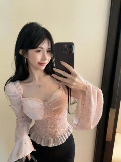 New Women's One Shoulder Flared Sleeve Top Pink Sweet and Spicy Top Niche and Unique Shirt.