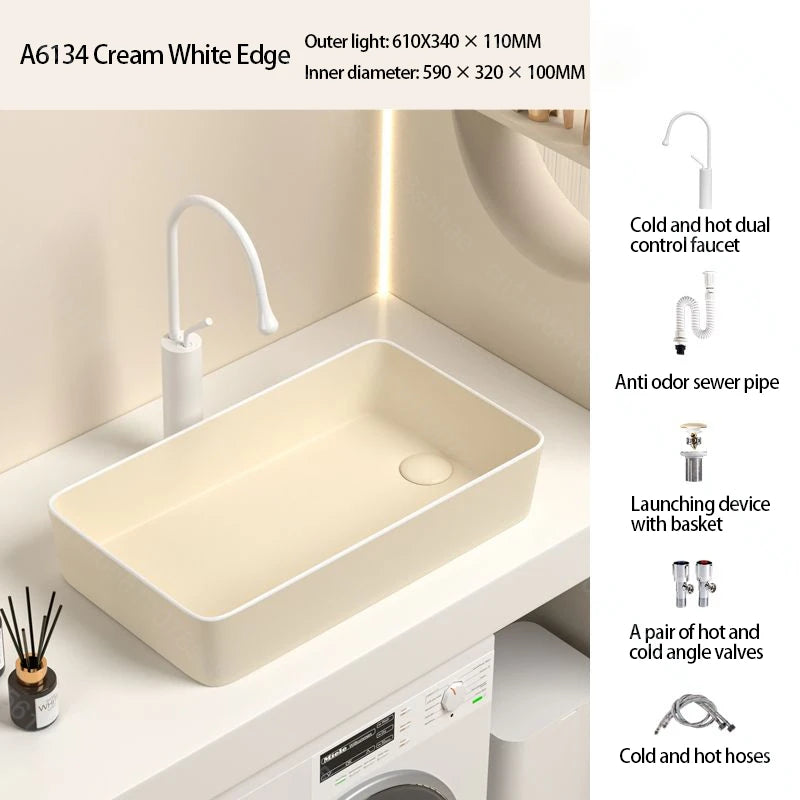 Rechteckiges Waschbecken aus Porzellan-Keramik für Badezimmer, modernes Waschbecken über der Theke mit Abflussset, Waschtischwaschbecken auf der Arbeitsplatte