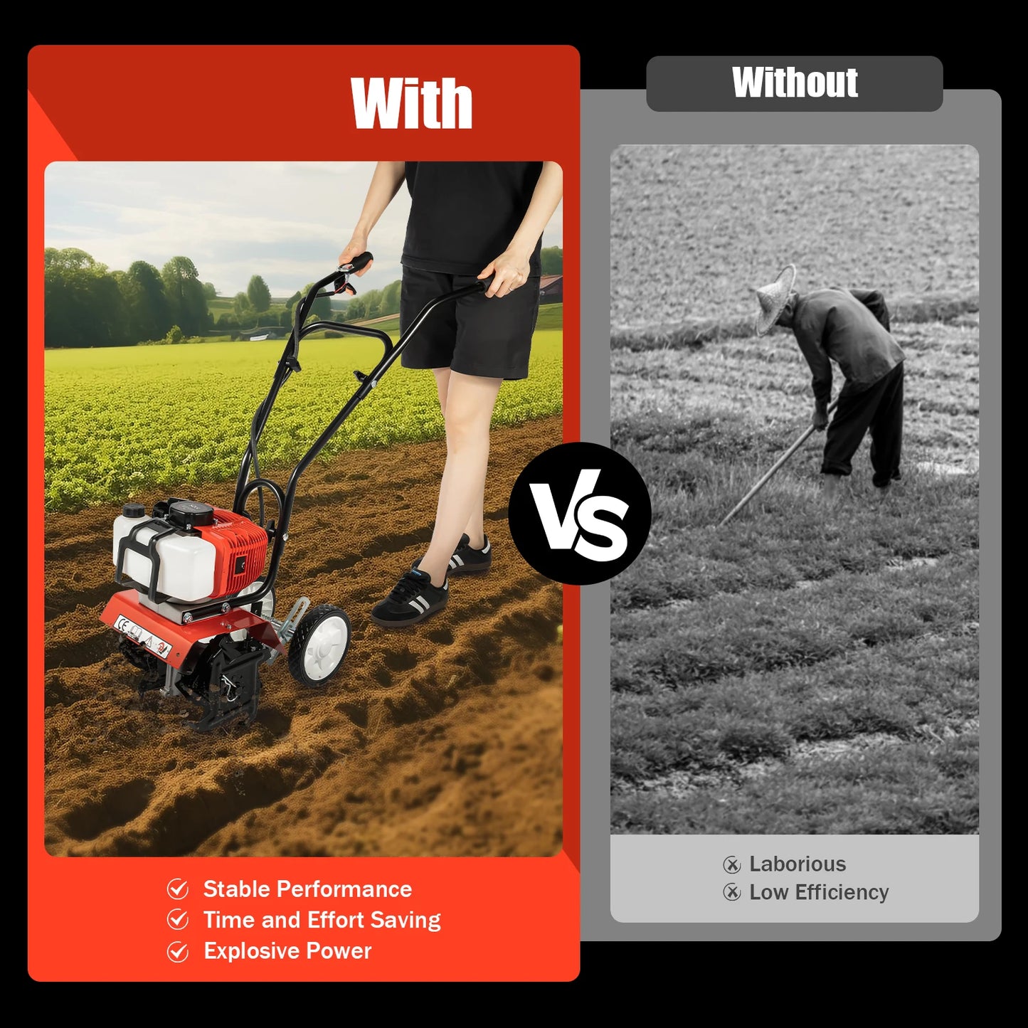 52CC 1700W Benzin-Gartenfräse  Kabelloser, luftgekühlter 2-Takt-Grubber, rotierend, zum Laufen, Lösen, 12 Zoll/30 cm breit, 12 cm dp