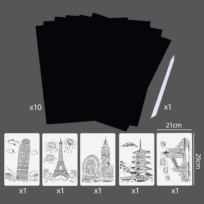 Scratch Art Paper Set 10 Sheets 5 Stencil Templates World Landmarks Animal DIY Kit Creative Painting Craft Magic Toy Kids Gift