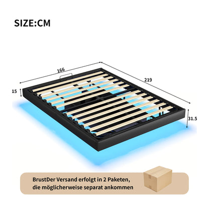 Lazyspace 160 x 200 cm großes Doppelbett mit Stauraum, schwebendes Bett ohne Kopfteil, Unterbett mit LED-Leuchten, schwarzes PU, ohne Matratze