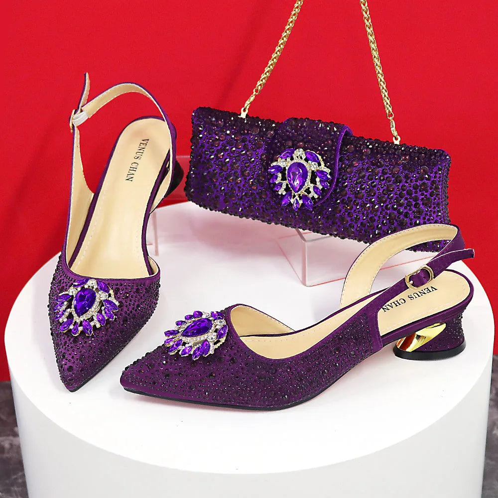 Sandals Woman Summer 2024 Hot Selling Design Pointed Toe Thin Heels Mature Ladies Shoes Matching Bag Set in Red Color.