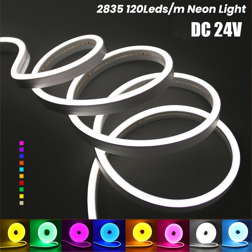 IP67 Waterproof DC 24V Neon Strip TV BackLight White/Blue/Pink/Yellow/Green Home Decor Silicon Tube LED Light 1M 5M 10M 20M.
