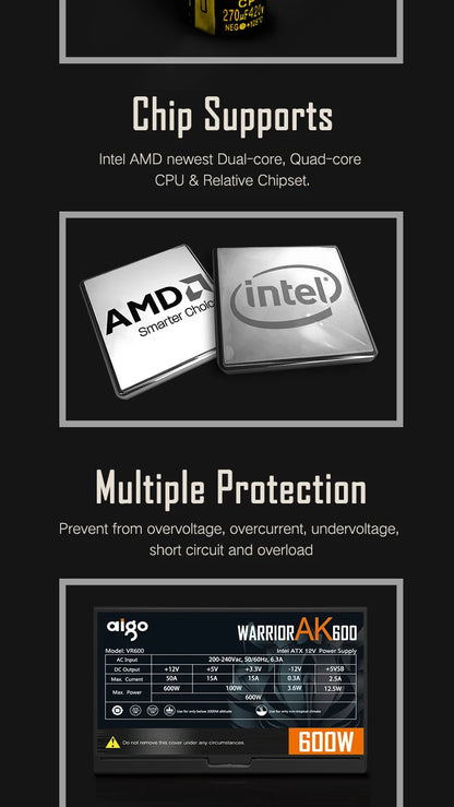 Aigo AK PC PSU Power Supply Unit 500W 600W 700W 800W 1000W Gaming 120mm RGB Fan 220V ATX Desktop computer Power Supply for BTC.