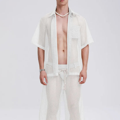 INCERUN Men Sets Mesh Patchwork See Through Sexy Short Sleeve Shirts & Pants Two Pieces Sets Streetwear 2025 Men's Casual Suits.