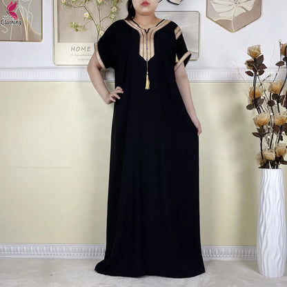 2025 Muslim Caftan Short Sleeve Dress Solid Cotton Summer Abaya African Traditional Dresses Islam for Women Casual Clothing.