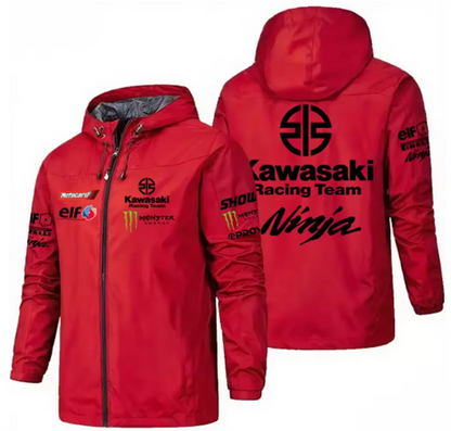Racing team jacket with Kawasaki logo, men's waterproof and windproof sportswear, 2025 new outdoor sports fashionable fan jacket.