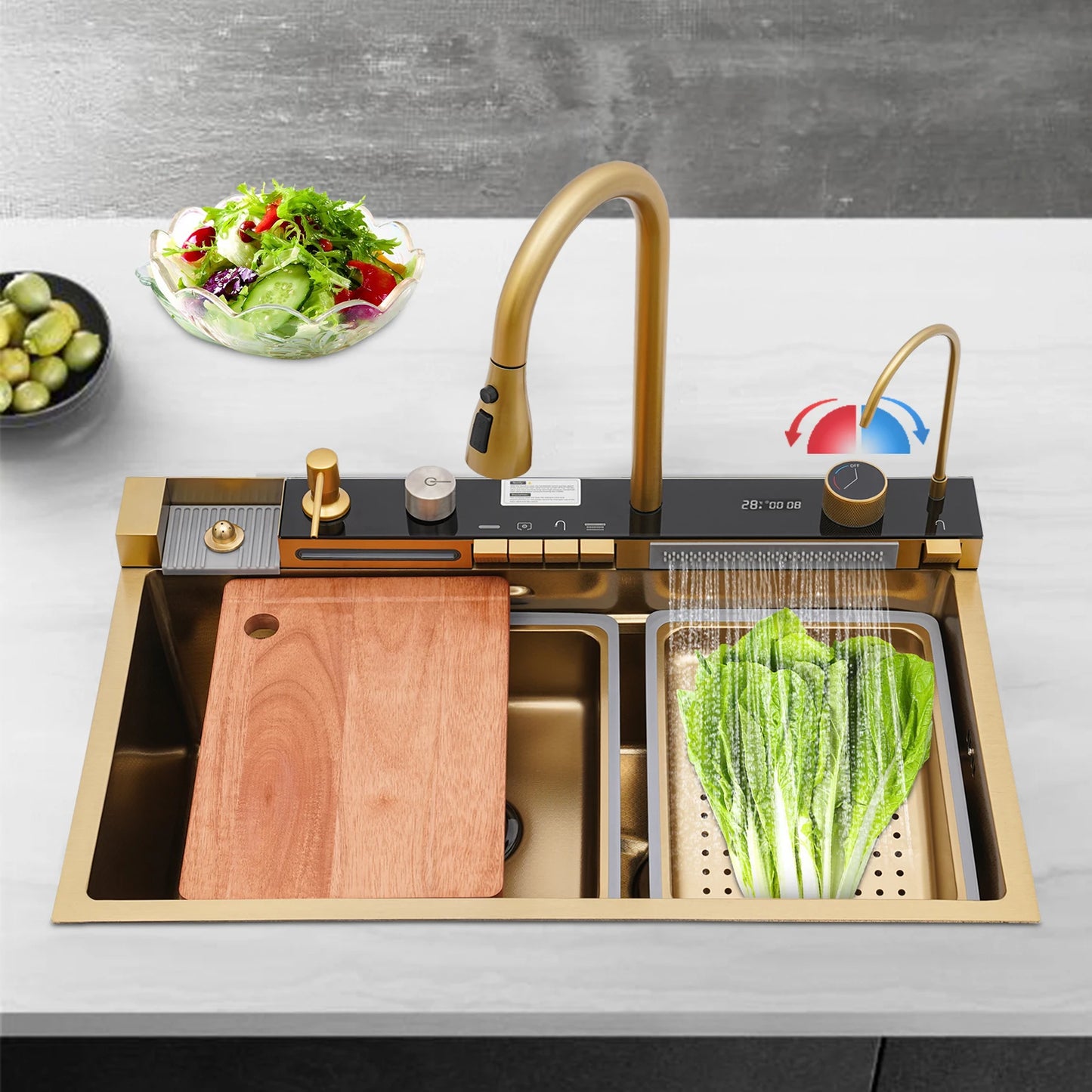Multifunktionales Küchenspülbecken aus Edelstahl, goldenes Küchenset, mehrere Wasserauslassmodi, mit Siebwaschbecken und Waschbecken