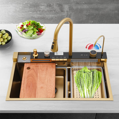 Multifunktionales Küchenspülbecken aus Edelstahl, goldenes Küchenset, mehrere Wasserauslassmodi, mit Siebwaschbecken und Waschbecken