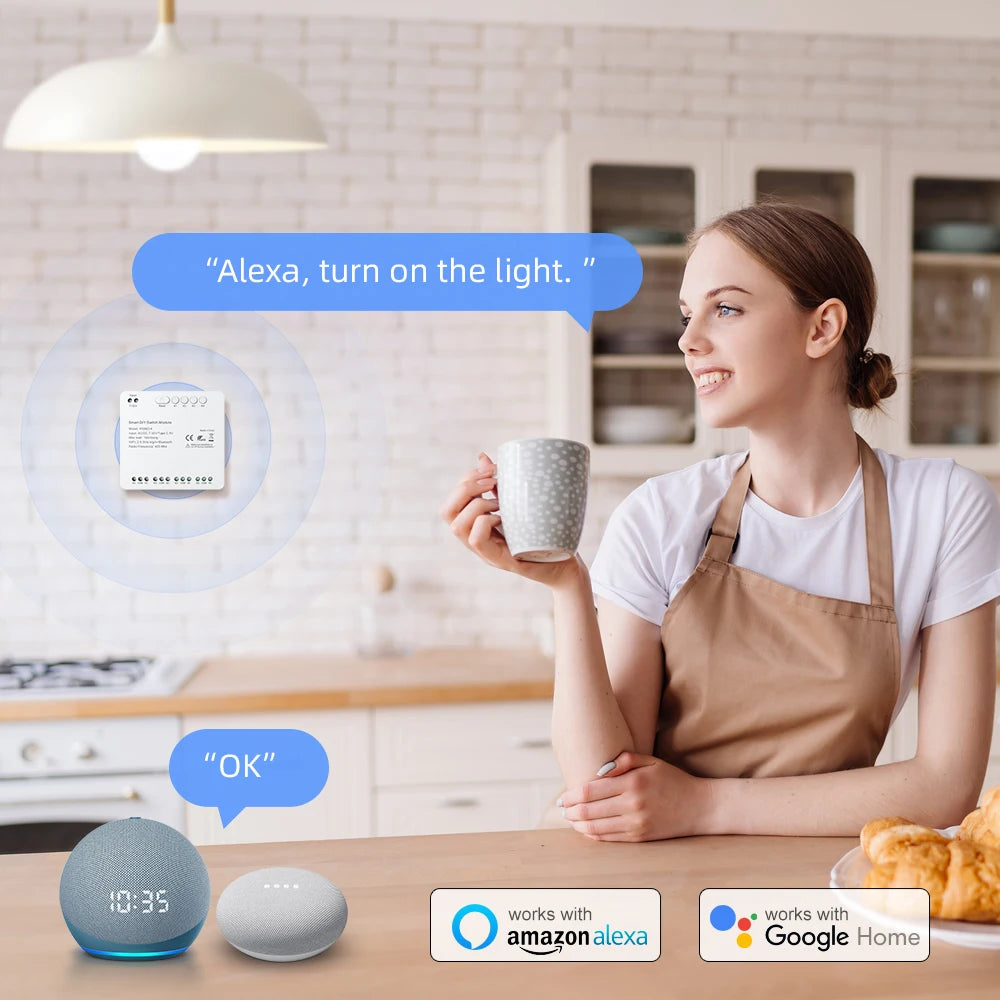 AVATTO Tuya WiFi 4-Kanal-Schaltmodul, 7–32 V/85–250 V RF433 Fernbedienungsrelais-DIY-Modul, funktioniert mit Alexa, Google Home, Alice.