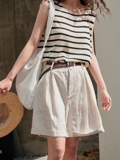 Summer Korea Style Lazy Linen Curled Bermuda Shorts Wide Leg Loose Slim Casual Hot Pants For Women.
