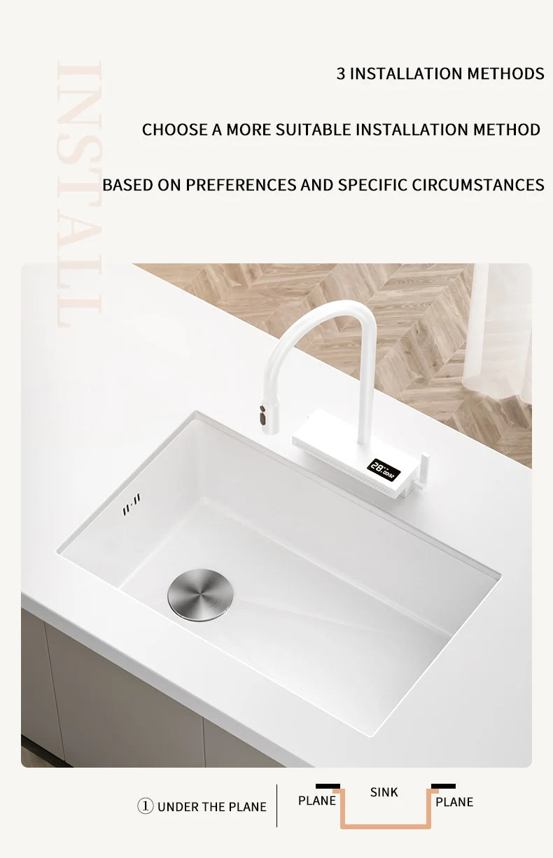 White Stainless Steel Kitchen Sink with Digital Display Multifunction Waterfall Faucet large Wash Basin for Kitchen Accessories