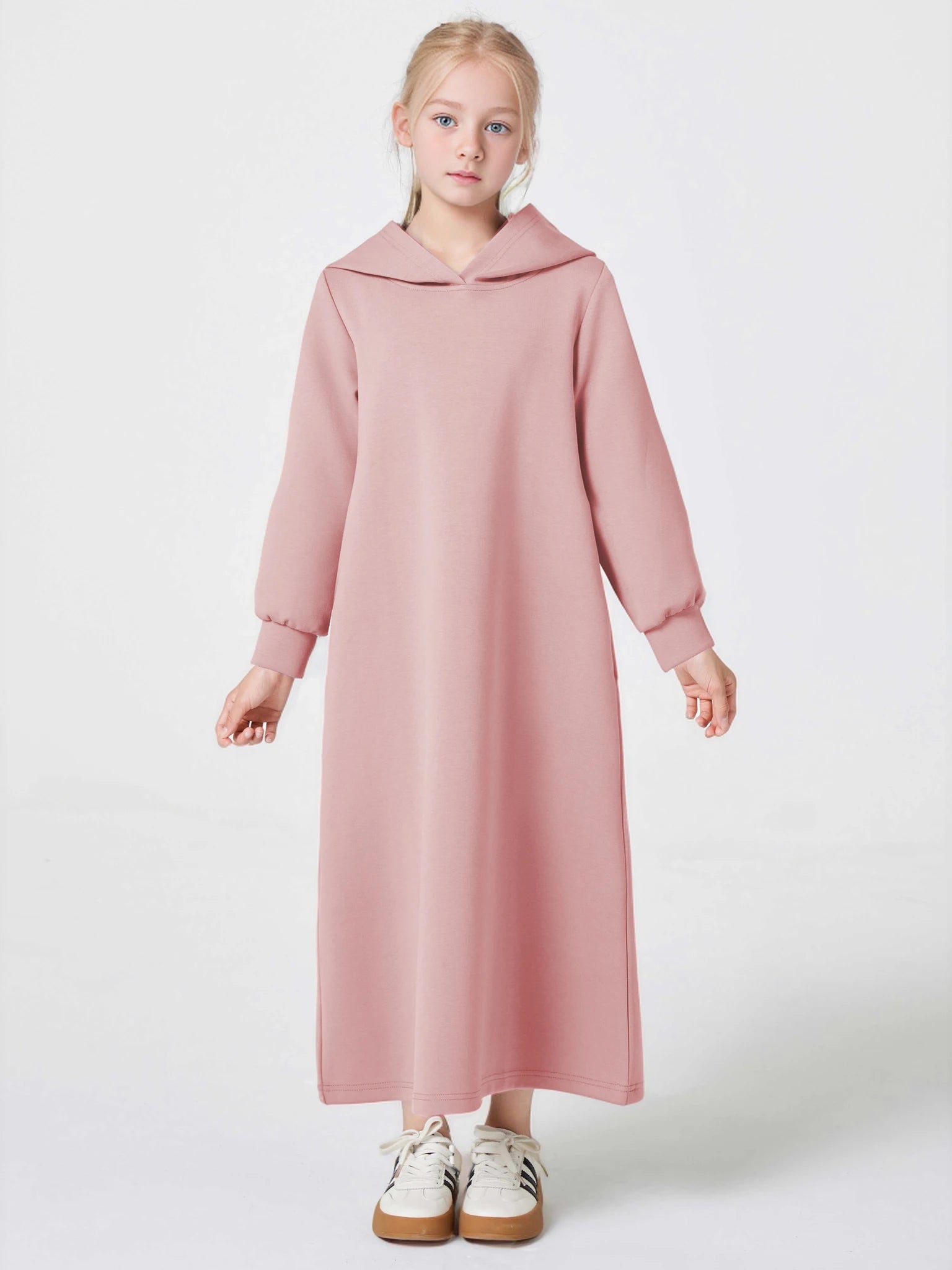 Ramadan kebaya Muslim Girls Abaya Middle East Autumn and winter solid color warm hoodie V-neck Hooded Loose Kids Kebaya Dress.