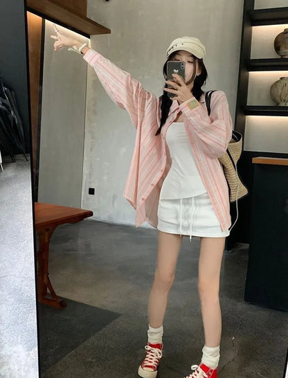 Pink Striped Shirt Women Korean Style Loose Long Sleeved Button Up Blouse Ladies Autumn New Wild Streetwear Casual Shirts 2025.