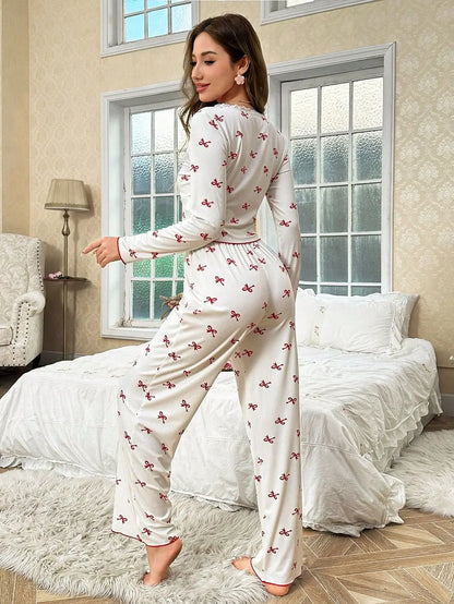 Winter Autumn Pajama Set for Women Sleepwear Lace Trim Bows Print Long Sleeve Top & Full-Length Pants Nightwear Loungewear.