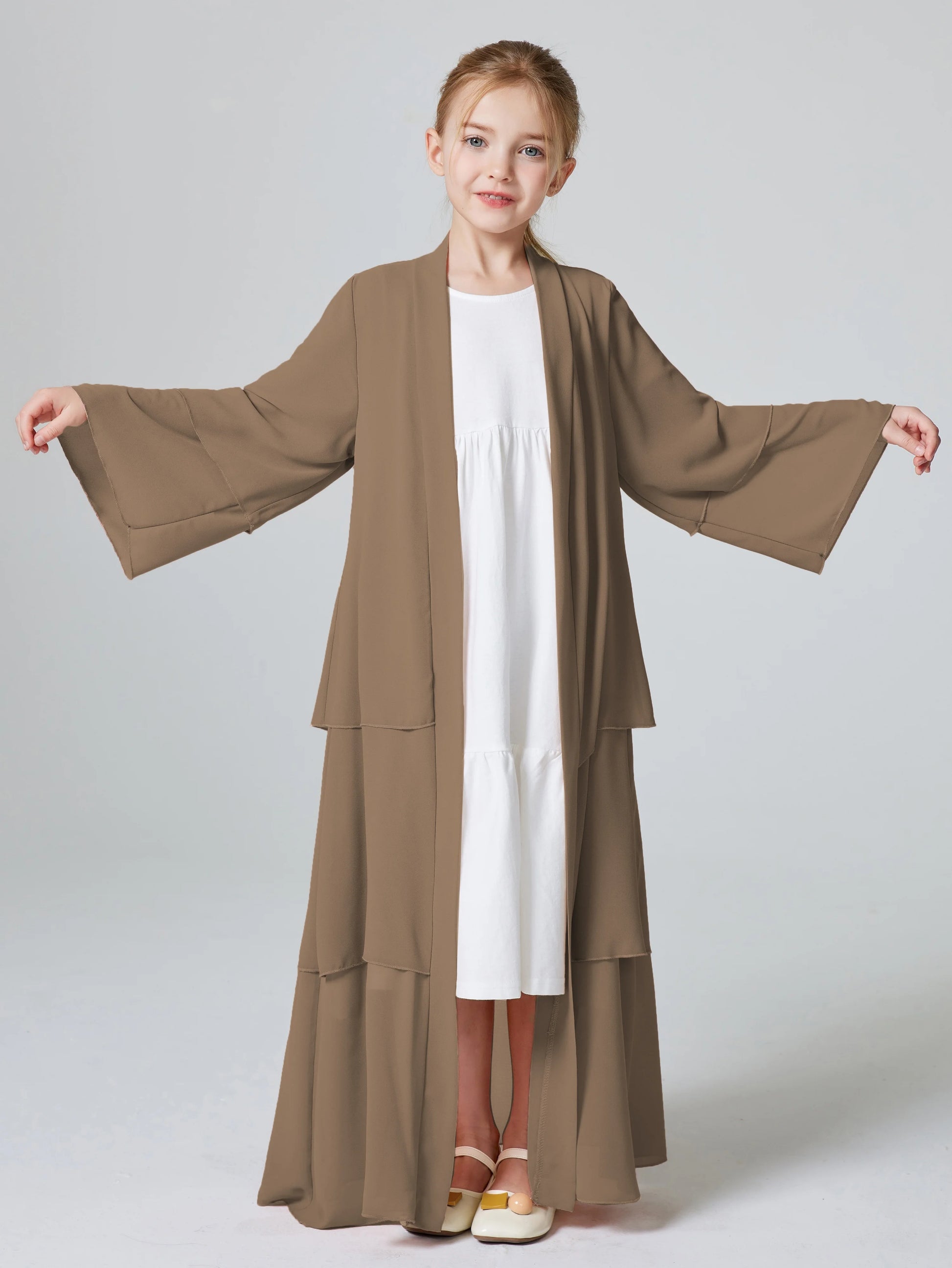Ramadan Kebaya Muslim Girls Abaya 3 Layered Chiffon Kids Abaya Dress Open Front   Outerwear (Without Hijab).