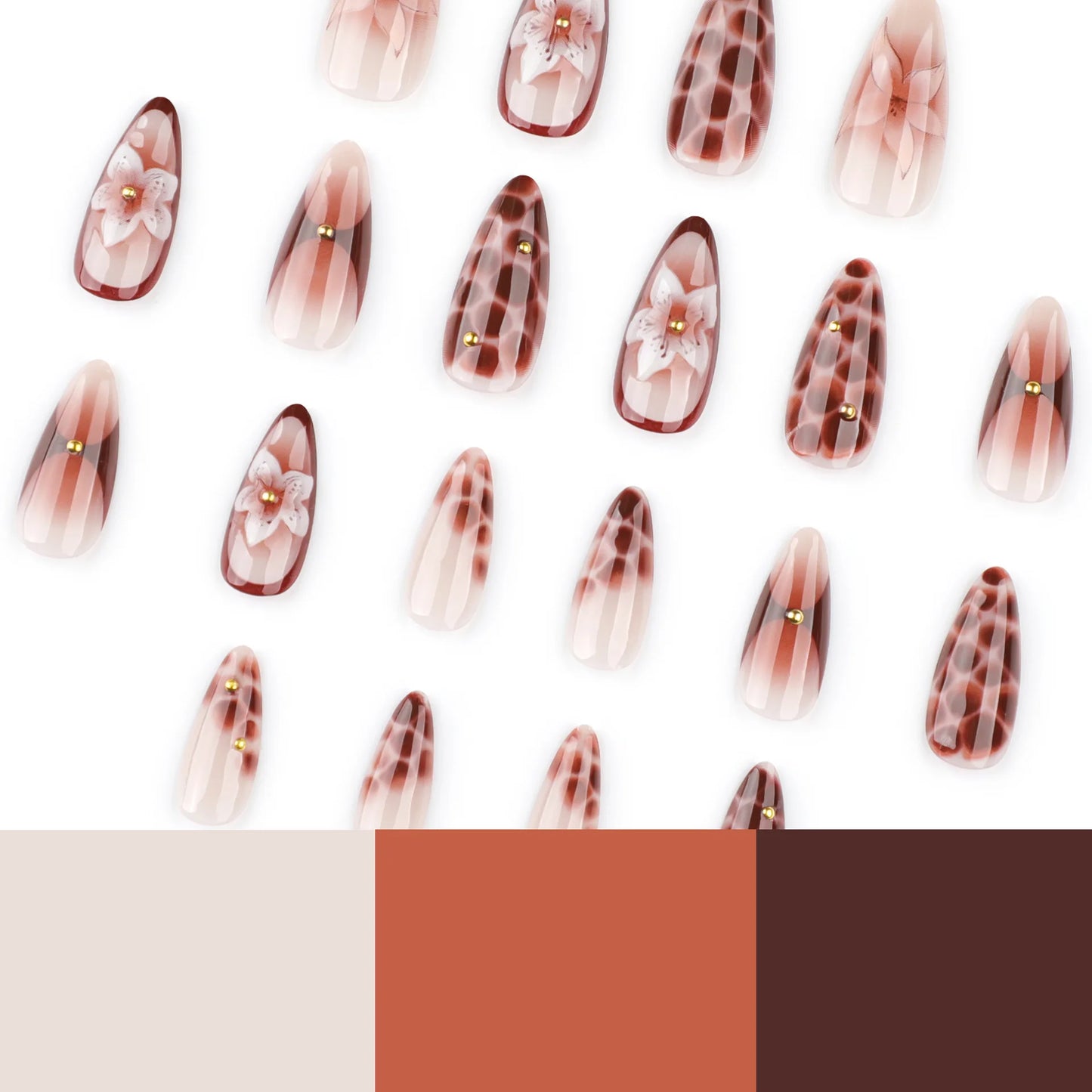 24pcs Retro Almond Press On Nails Brown Marble Cracks Ice Flower Printed False Nails European Wearable French Style Fake Nail.