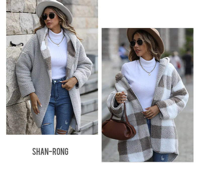 2025 herbst Winter Frauen Plüsch Mit Kapuze Jacke Weibliche Elegante Dicke Lose Plaid Print Mantel Damen Casual Zwei-seitige warme Lange Mantel