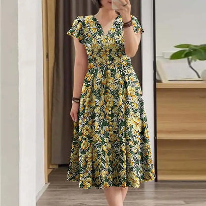 ZANZEA Elegante Frauen Floral Print Midi Kleid Sommer 2025, Casual Rüschen Kurzarm V-ausschnitt Vestidos Mode Cinched Taille Roben