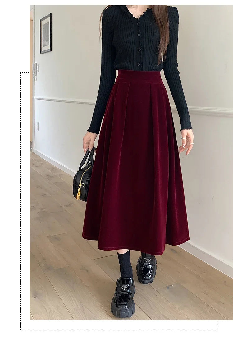 Autumn Winter Warm Vintage Red Elegant Velvet A-line Skirt For Women 2024 High Waist Casual Black Party Pleated Big Swing Skirts.