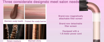 1400W pure original high-power hair dryer, dries hair quickly, lightweight body, low noise, comes with various types of nozzles.