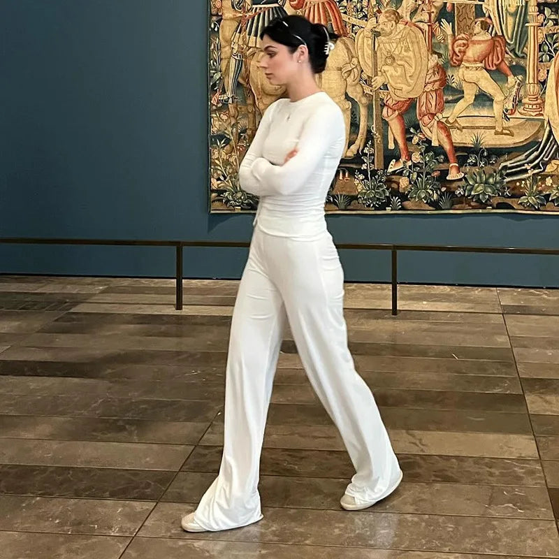 Apprabant Solid Pleated Casual Basic Trousers Set Round Neck Long Sleeve Top Fashion Sports Style High Waist Wide Leg Pants Suit