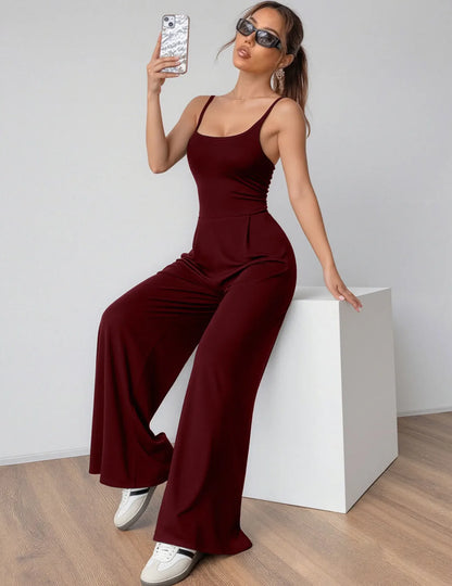 Fashionable Solid Color High Waist Bell Bottom Jumpsuit Backless Strap Casual Women's Long Pants One Piece Suit Female.