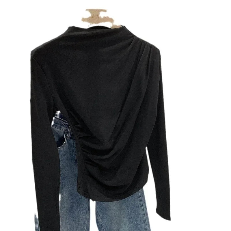 Early Autumn Pure Color High Neck Pleated Slim Fit Sexy Base Shirt Women's Fashionable Crew Neck T-shirt Full Sleeve China Origi.