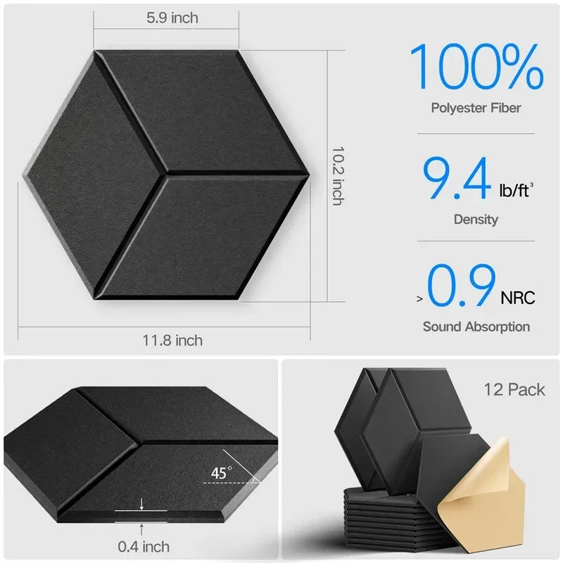 12 Pack HexagonalSelf-adhesive Acoustic Panels Sound Proof Foam Panels Y-Lined Design to Absorb Noise Eliminate Echoes Black