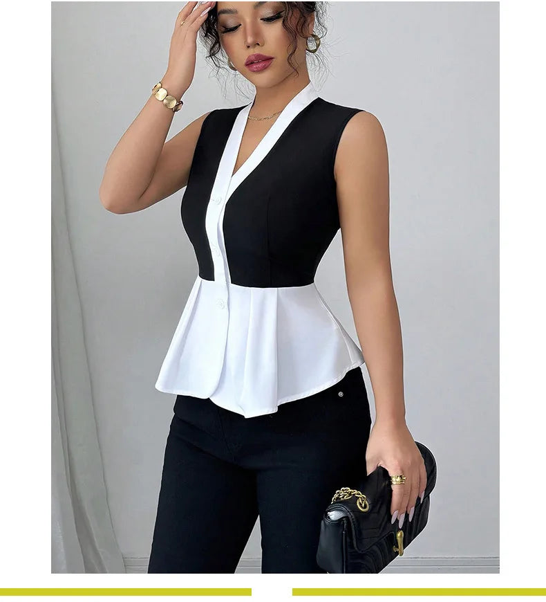 New Fall Women's Sleeveless Shirt, Black and White Block-Colored V-Neck Shirts, Asian Sizes S-XL..