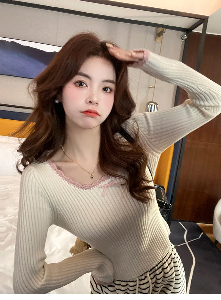 HOUZHOU Vintage Elegante Kokette Gestrickte Pullover Frauen Koreanischen Stil Cuteore Sexy Bogen Patchwork Quadrat Kragen Dünne Strickjacke 2025.