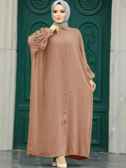 Siskakia Solid Muslim Woman Elegant Beaded Cardigan Long Dress With Loose Batwing Sleeve Moroccan Dubai Saudi Kebaya Robe  2024.