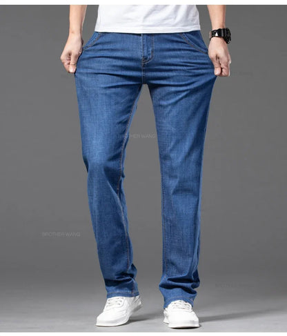 Sommer Dünne männer Gerade Jeans Klassische Schwarz Blau Stretch Casual Business Baggy Denim Hosen Männliche Marke Hosen.