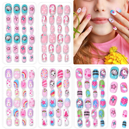 120pcs/box Pink Cartoon Children Press On Nails Candy Color Unicorn Cat Bunny Kids Full Cover False Nail Girls Party Nail Decora.
