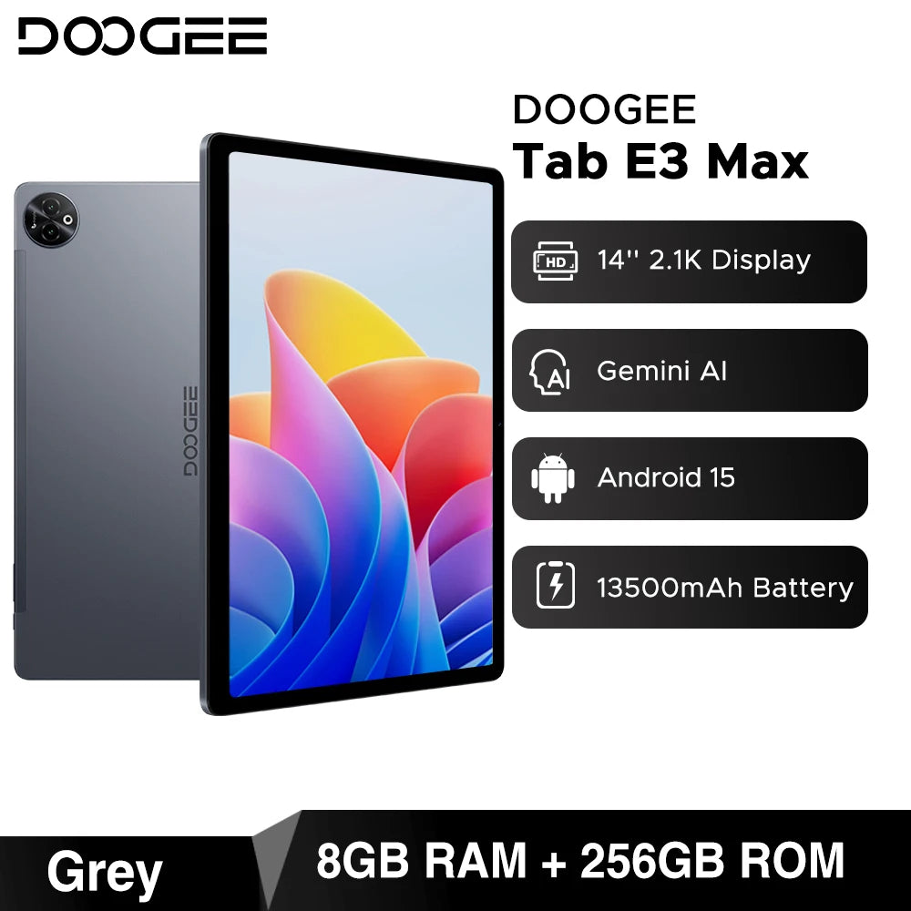 Global Version DOOGEE Tab E3 Max Tablet PC Android 15 Gemini AI 14'' 2.1K Screen 8GB RAM 256GB 13500mAh Large Battery Smart Pad