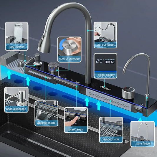 Stainless Steel Kitchen Sink with Hot Cold Pull Out Kitchen Sink Faucets Digital Large Single Bowl Waterfall Rain Kitchen Sinks