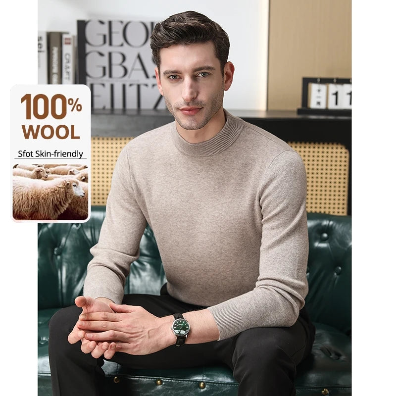 High End 100% Wool Thick New Autum Winter Fashion Brand Pullover Knit Half Turtleneck Business Sweater Casual Men Clothing.