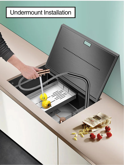 Nanometer Black Hidden kitchen Sink SUS 304 Stainless Steel 4mm Thickness Flip Cover Hidden Handmade kitchen Sinks